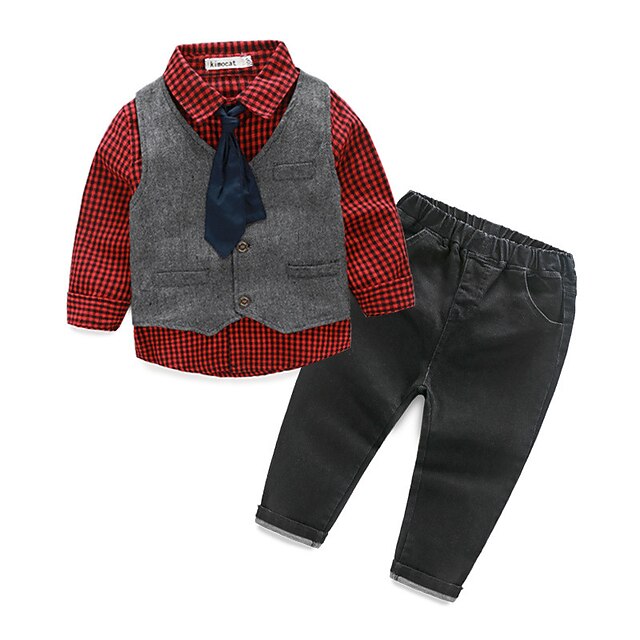 

KIMOCAT Boy's Formal Plaid Clothing SetCotton Spring / Fall Red-tz884