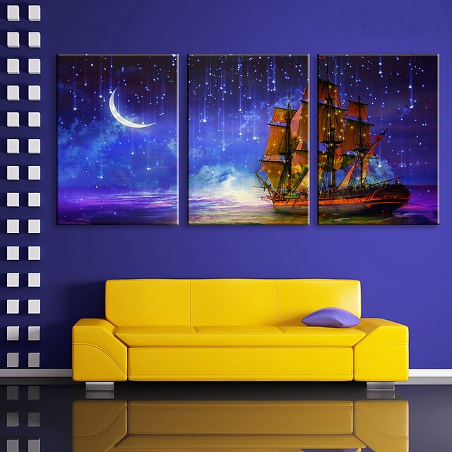  E-HOME® Stretched LED Canvas Print Art The Moon under The Sea Voyage LED Flashing Optical Fiber Print Set of 3