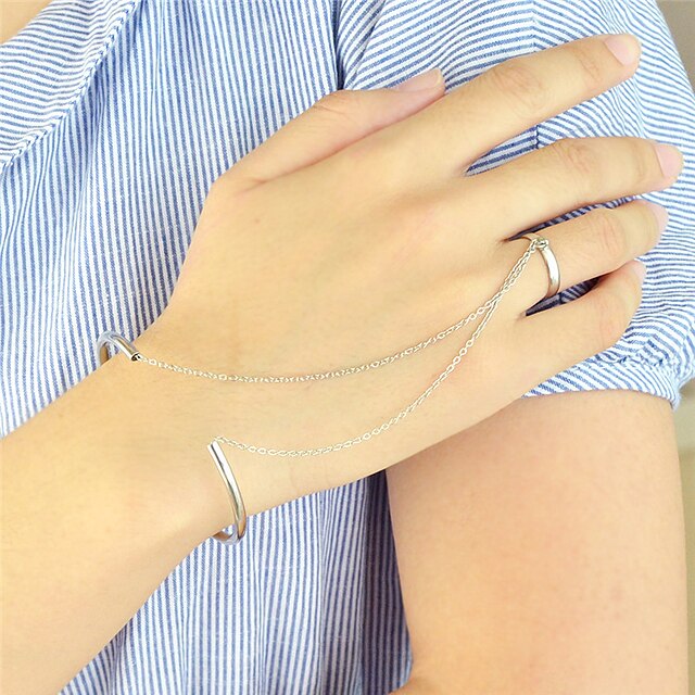  Silver Plated Cuff Bracelets with Chain Fingers Rings