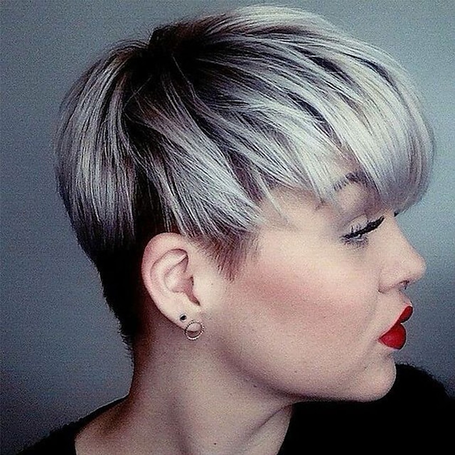  Human Hair Blend Wig Short Straight Layered Haircut Short Hairstyles 2020 Straight Short Silver Black Blonde Dark Roots With Bangs Capless Women's Silver Honey Blonde#24 Medium Auburn#30