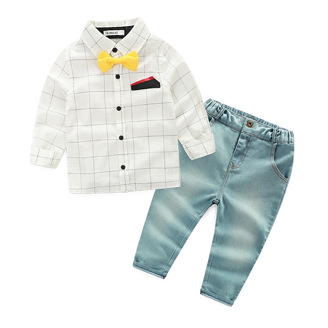 

KIMOCAT Boy's Daily Plaid Clothing SetCotton Spring / Fall White-tz749