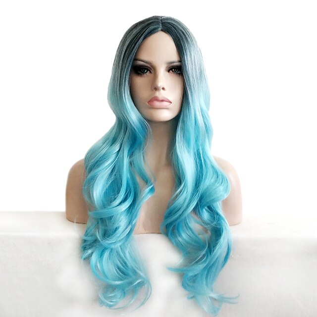 syntetisk paryk krøllet krøllet paryk lang røgblå syntetisk hår kvinders ombre hår mørke rødder naturlig hårgrænse blå