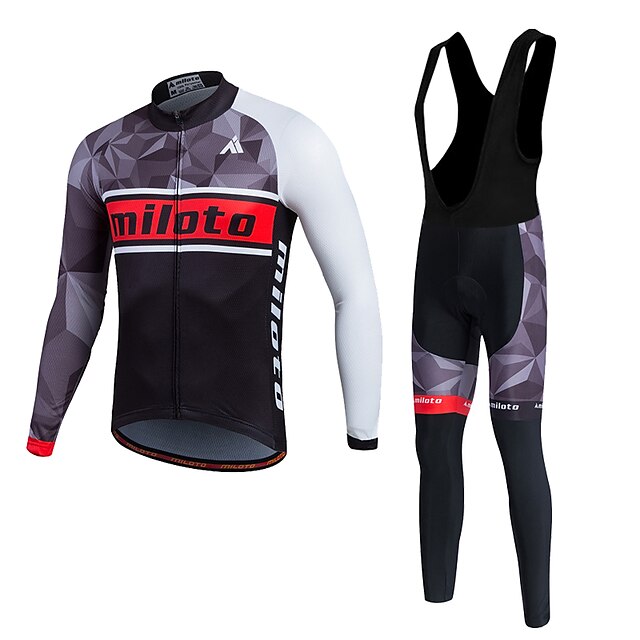  Miloto Men's Long Sleeve Cycling Jersey with Bib Tights White Bike Clothing Suit Thermal / Warm Fleece Lining Breathable 3D Pad Quick Dry Winter Sports Polyester Fleece Silicon Geometry Mountain Bike