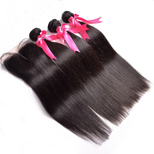  8A Indian Virgin Hair With Closure Indian Straight With Closure 3 Bundles Human Hair Weave With Lace Closure