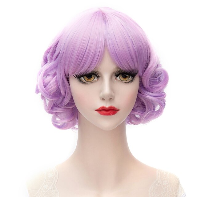  Perucas sintéticas Estilo Com Franjas Sem Touca Peruca Roxo Claro Cabelo Sintético Mulheres Roxo Peruca Curto Perucas Capless