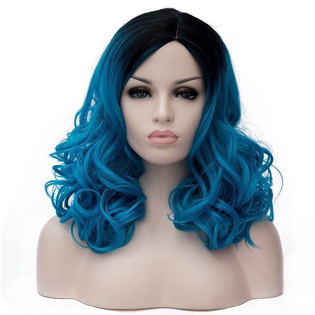  Synthetische Perücken Locken Perücke Mittlerer Länge Wasser-Blau Blau Synthetische Haare Damen