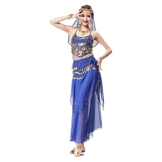  Belly Dance Top Sashes / Ribbons Gold Coin Sequin Women's Performance Sleeveless Natural Chiffon Sequined Metal / Sexy Global Gals