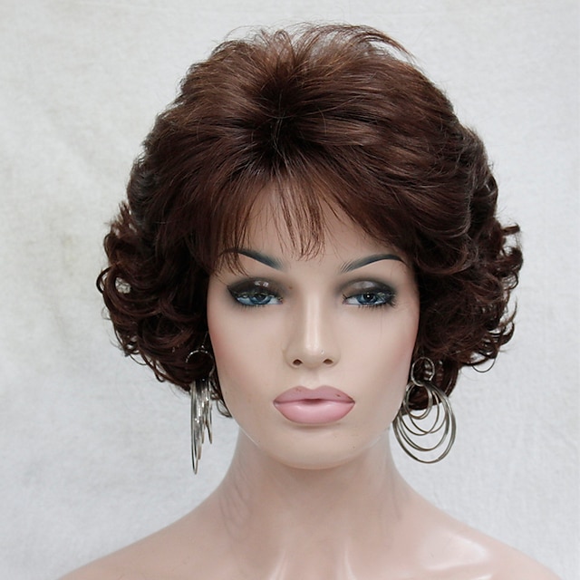  Synthetic Wig Curly Wavy Curly With Bangs Wig Short Auburn Synthetic Hair Women's Middle Part Brown