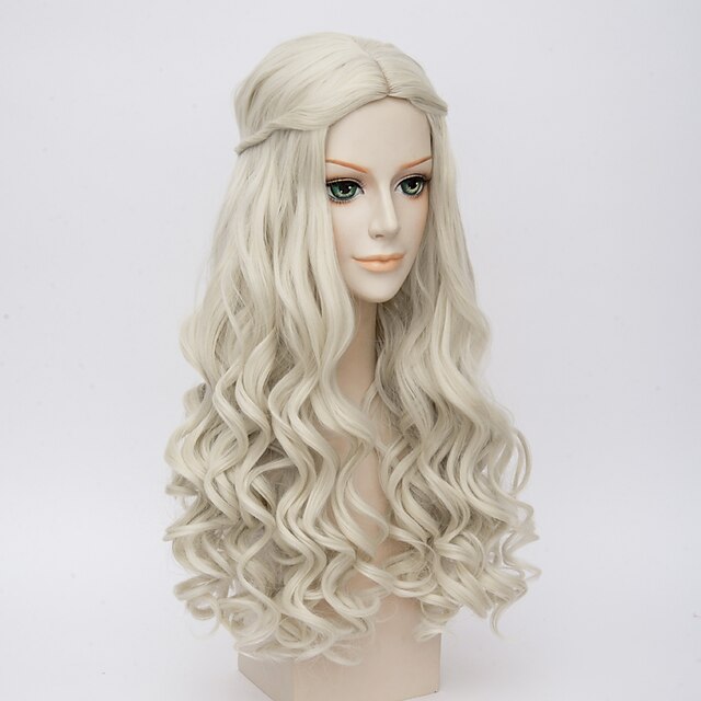  synteettinen peruukki cosplay peruukki aaltoileva kardashian aaltoileva peruukki pitkät erittäin pitkät valkoiset synteettiset hiukset naisten keskiosa punottu peruukki valkoinen halloween peruukki