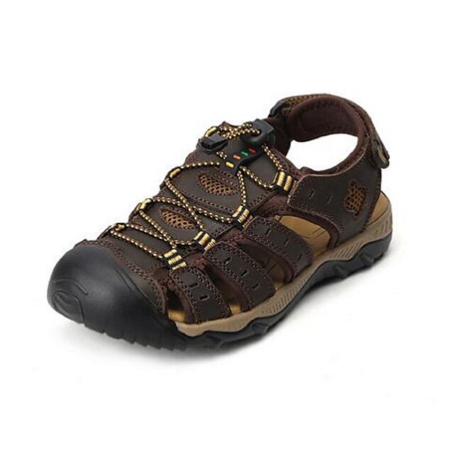  Men's Sandals Leather Summer Casual Flat Heel Brown Khaki coffee Under 1in