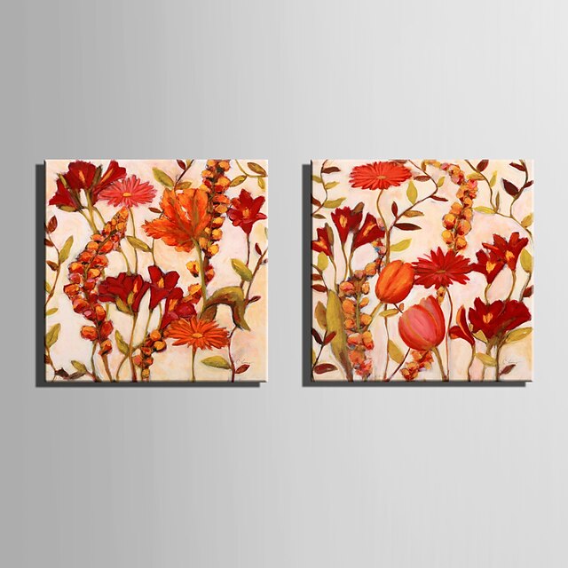  E-HOME® Stretched Canvas Art Red Flowers Decoration Painting  Set of 2