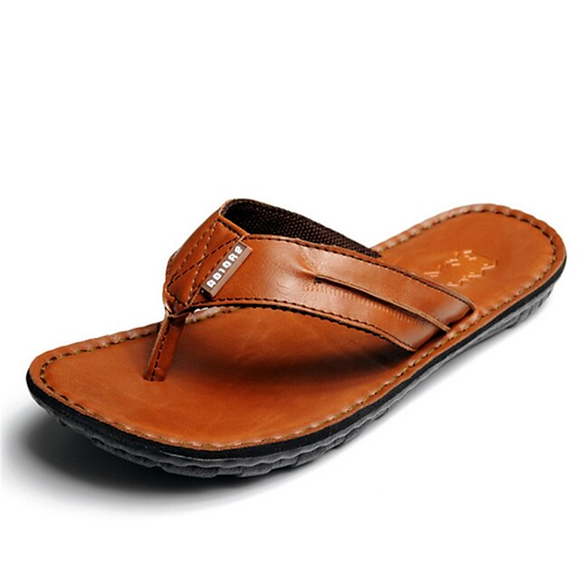  Men's Slippers & Flip-Flops Leather Summer Casual Flat Heel Black Brown Green Flat