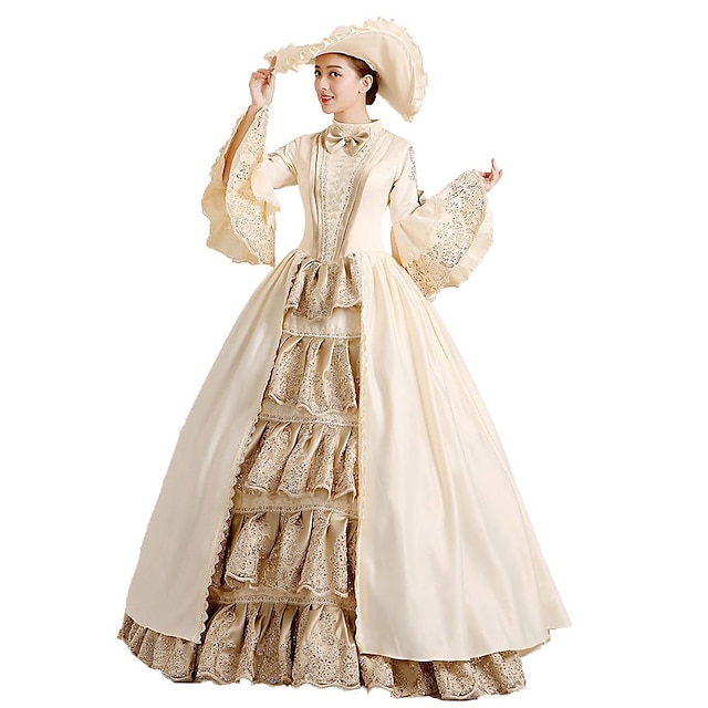  Maria Antonietta Rococo Baroque Victorian Dress Ball Gown Prom Dress Women's Girls' Cotton Party Prom Japanese Cosplay Costumes Plus Size Customized Beige Ball Gown Floral Floor Length