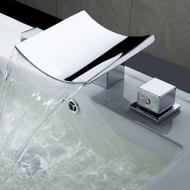  Håndvasken vandhane - Vandfald / Udbredt Krom Udspredt To Håndtag tre hullerBath Taps