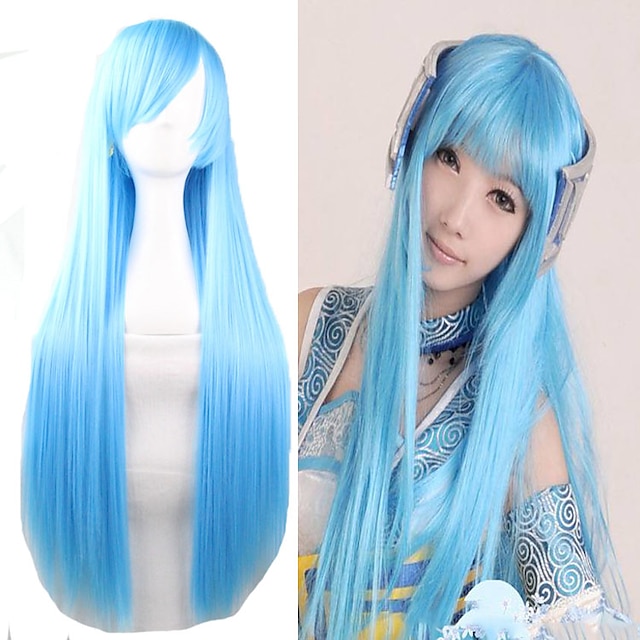  peruca sintética peruca cosplay reta peruca reta longa muito longa cabelo sintético azul claro feminino azul