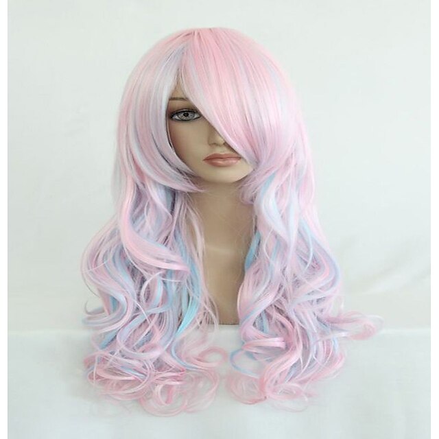  合成ウィッグ コスプレウィッグ 波状カーダシアン 波状前髪付きウィッグ ピンク 非常に長い ピンク 人工毛 女性用 ハイライト/バレイヤージュヘア サイドパート ピンク ヘアジョイ ハロウィンウィッグ