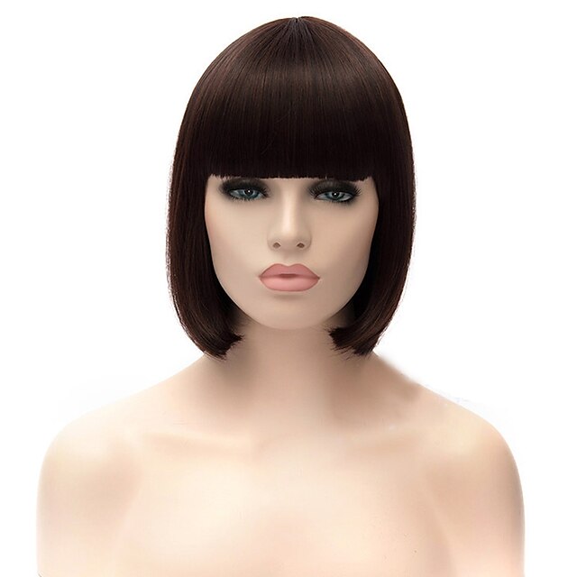  Synthetic Wig Straight Style Asymmetrical Capless Wig Dark Auburn Synthetic Hair Women's Natural Hairline Brown Wig Medium Length Cosplay Wig