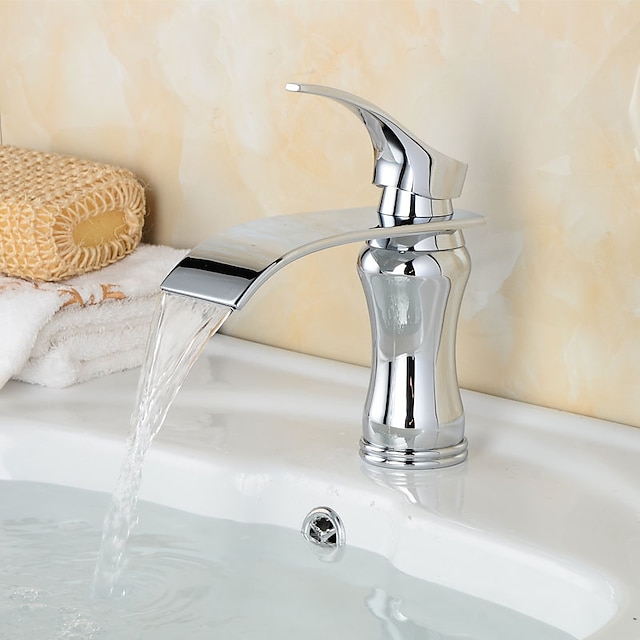  Lavandino rubinetto del bagno - Cascata Cromo Installazione centrale Una manopola Un foroBath Taps