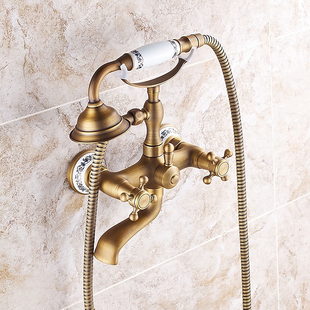  retro stílusú réz zuhanycsap szett, csapadék standard kifolyó egy fogantyúval kétlyukú zuhanycsapok hideg-meleg kapcsolóval és kerámia szeleppel
