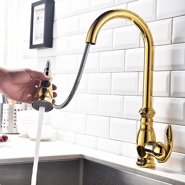  Kitchen faucet - Single Handle One Hole Ti-PVD Pull-out / ­Pull-down / Tall / ­High Arc Centerset Contemporary Kitchen Taps / Brass