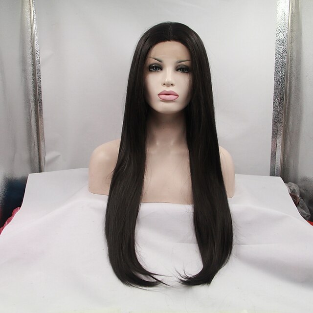  Perucas Lace Front Sintéticas Liso Kardashian Reto Parte do meio Frente de Malha Peruca Longo Preto Cabelo Sintético 24 polegada Mulheres Preta