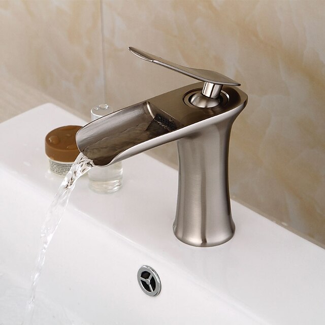  Bathroom Sink Faucet - Waterfall Nickel Brushed Centerset Single Handle One HoleBath Taps