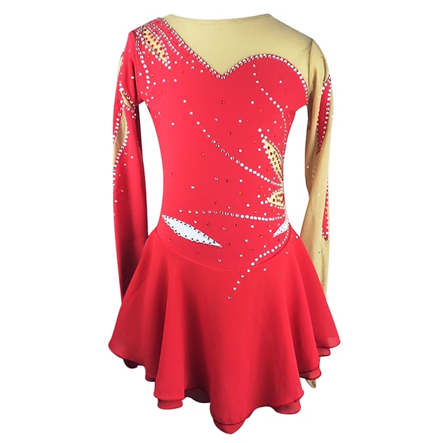  Figure Skating Dress Women's Girls' Ice Skating Dress Outfits Red Elastane High Elasticity Outdoor clothing Competition Skating Wear Handmade Floral Botanical Fashion Long Sleeve Ice Skating Figure
