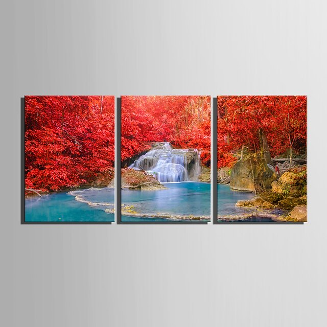  E-HOME® Stretched Canvas Art Red Leaves And Small Waterfalls Decorative Painting Set of 3