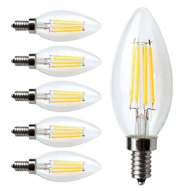  6pcs Bombillas de Filamento LED 380 lm E12 C35 4 Cuentas LED COB Regulable Blanco Cálido 110-130 V / 6 piezas / Cañas