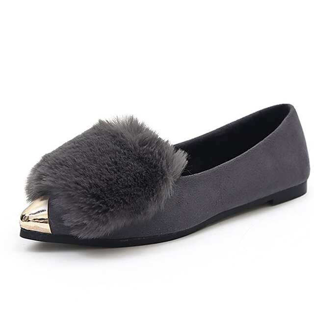  Women's Shoes PU Fur Fall Winter Comfort Flats Walking Shoes Flat Heel Round Toe for Casual Black Gray