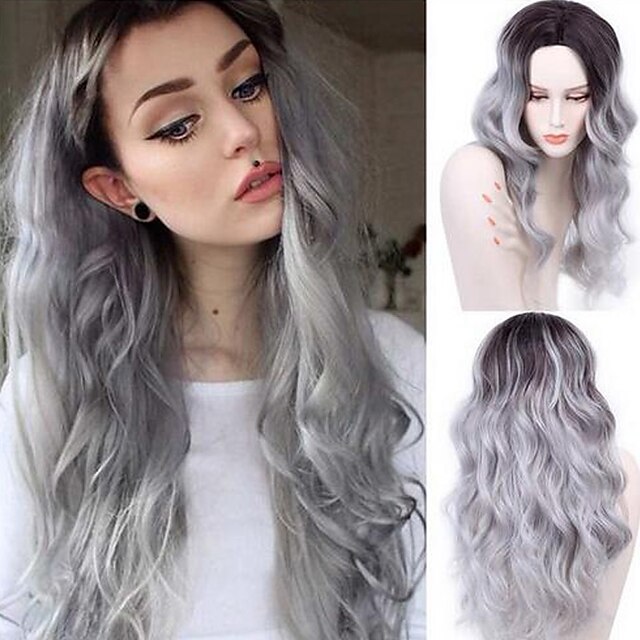  Synthetic Wig Curly Body Wave Body Wave Middle Part Wig Long Grey Synthetic Hair 26 inch Women's Heat Resistant Fashion Ombre Hair Gray