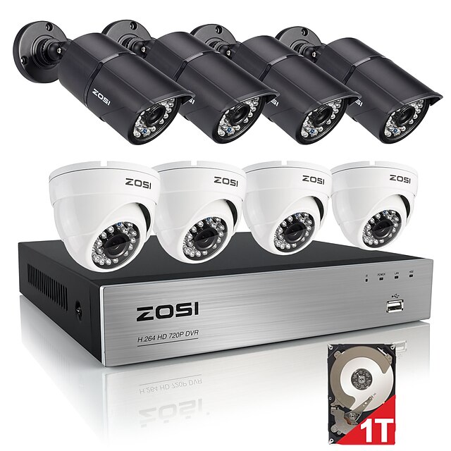 ZOSI®8CH 720P HDMI DVR Built-in 1TB HDD 8PCS 1.0MP Security Camera System Kit