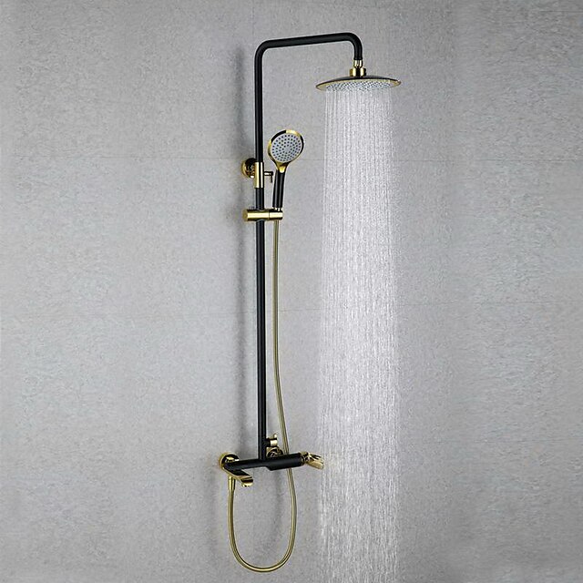  Bruse System Sæt - Regnfald Traditionel Olie-gnedet Bronze Vægmonteret Keramik Ventil Bath Shower Mixer Taps / Enkelt håndtere to Huller