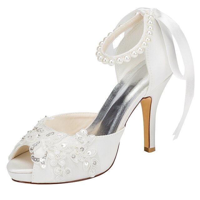  Damen Schuhe Stretch - Satin Frühling Sommer High Heels Stöckelabsatz Plattform Peep Toe Kristall Perle für Hochzeit Party & Festivität