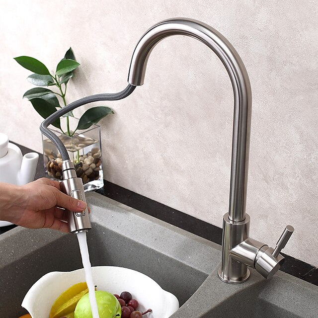  Kitchen faucet - Single Handle One Hole Stainless Steel Pull-out / ­Pull-down / Tall / ­High Arc Vessel Contemporary / Art Deco / Retro / Modern Kitchen Taps