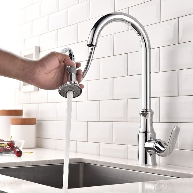  Keuken Kraan - Single Handle Een Hole Chroom Pull-out / pull-down Middenset Hedendaagse Kitchen Taps / Messing