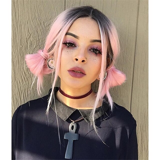  Synthetic Wig Straight Straight Wig Pink Medium Length Pink Green Synthetic Hair Women's Ombre Hair Dark Roots Middle Part Pink Green