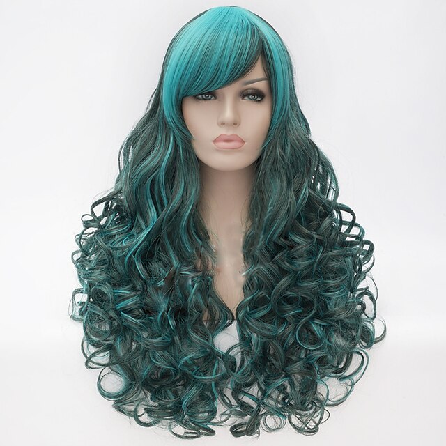  Synthetische Perücken Wogende Wellen Stil Kappenlos Perücke Grün Synthetische Haare Damen Grün Perücke Cosplay Perücke