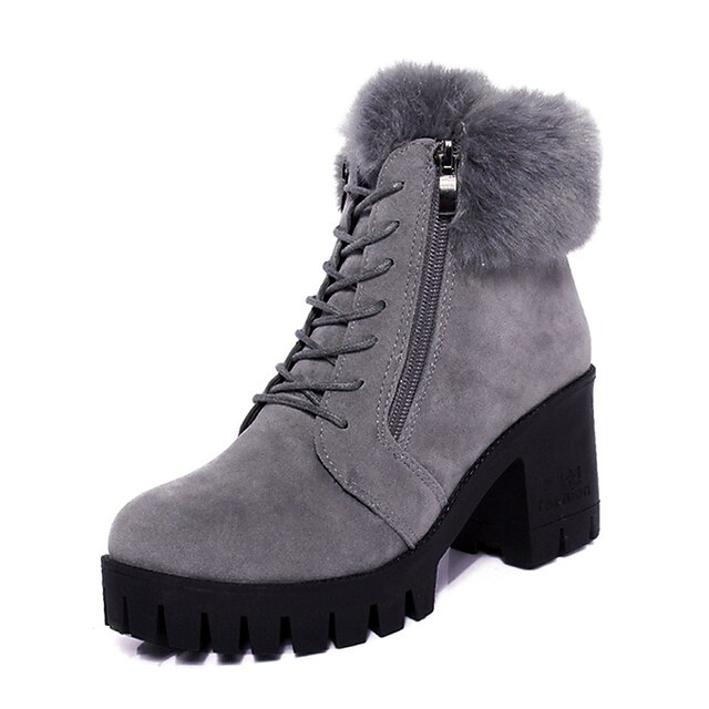  Women's Boots Fall Winter Comfort PU Casual Chunky Heel Zipper Black Gray