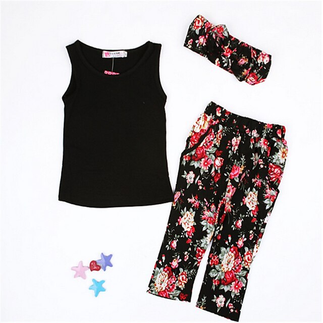  Toddler Girls' Clothing Set Sleeveless Black Floral Bow Daily Active Short