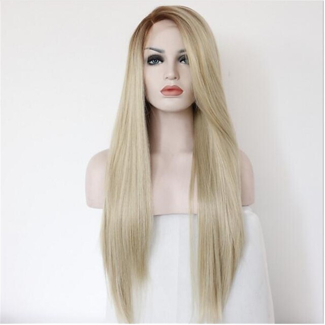  Synthetische pruiken Recht Recht  Kanten Voorkant Pruik Blond Lang Blond Synthetisch haar Dames Ombre-haar Donkere wortels Natuurlijke haarlijn Blond