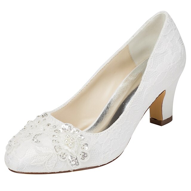  Women's Heels Wedding Dress Party & Evening Crystal Pearl Chunky Heel Round Toe Elastic Fabric White Ivory