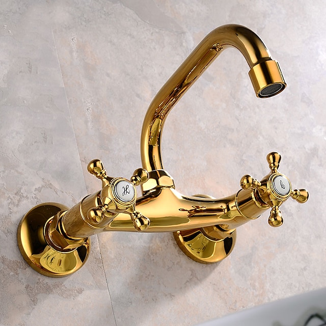  torneira misturadora de pia de banheiro montada na parede dourada, torneiras de lavatório de dois furos com alça dupla, torneira de latão