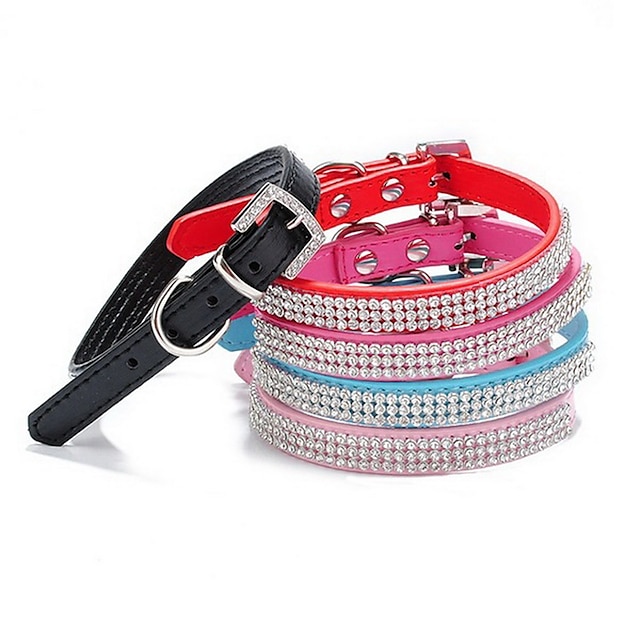  Cat Dog Collar Adjustable / Retractable Rhinestone Solid Colored PU Leather Black Red Blue Pink Rose
