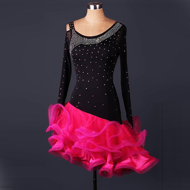  Latin Dance Dresses Performance Spandex / Lace / Organza Ruffles / Crystals / Rhinestones Long Sleeve High Dress