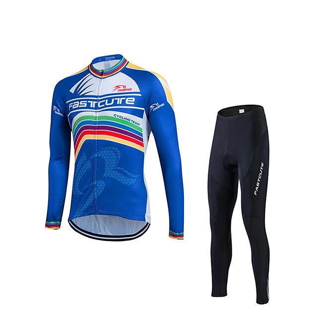  Fastcute Men's Long Sleeve Cycling Jersey with Tights Winter Fleece Coolmax® Lycra Blue Bike Clothing Suit Breathable 3D Pad Quick Dry Ultraviolet Resistant Reflective Strips Sports Classic Clothing