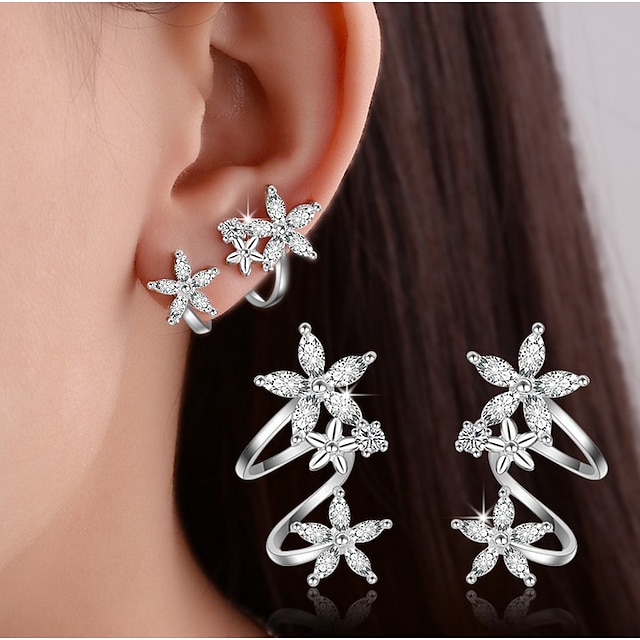  Women's Crystal Synthetic Diamond Stud Earrings Clip on Earring cuff Leaf Heart Flower Ladies Basic Elegant Double-layer Blinging everyday Sterling Silver Earrings Jewelry Silver / Gold For Party