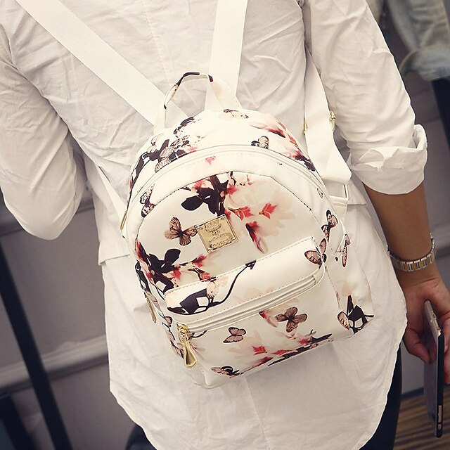  Women Bags All Seasons PU Polyester Backpack with for Casual Outdoor White Black Blushing Pink