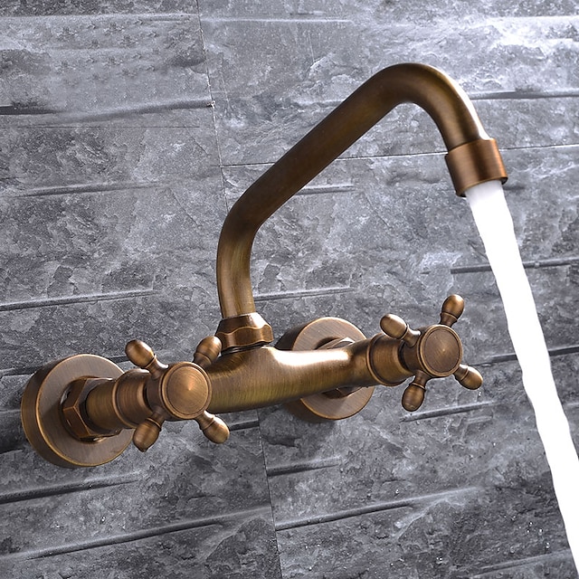  Wall Mount Bathroom Sink Mixer Faucet, Widespread Brass 3 Holes 2 Handles Vintage Basin Taps Washroom with Hot and Cold Water Hose