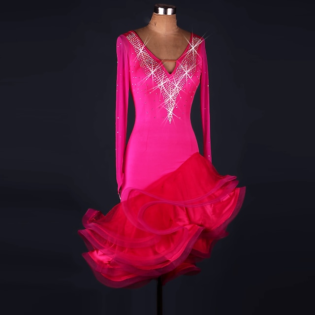  Latin Dans Kjoler Dame Ytelse Spandex / Organza Drapert / Krystall / Rhinestone Langermet Høy Kjole